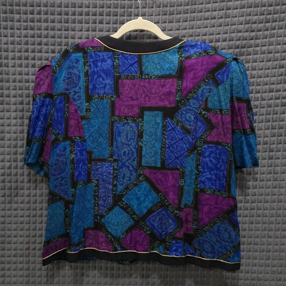 VTG 80s Colorful Blue Blouse Sz22 Glam Gold Buttons Statement Shoulder Pads 90s - Picture 10 of 16